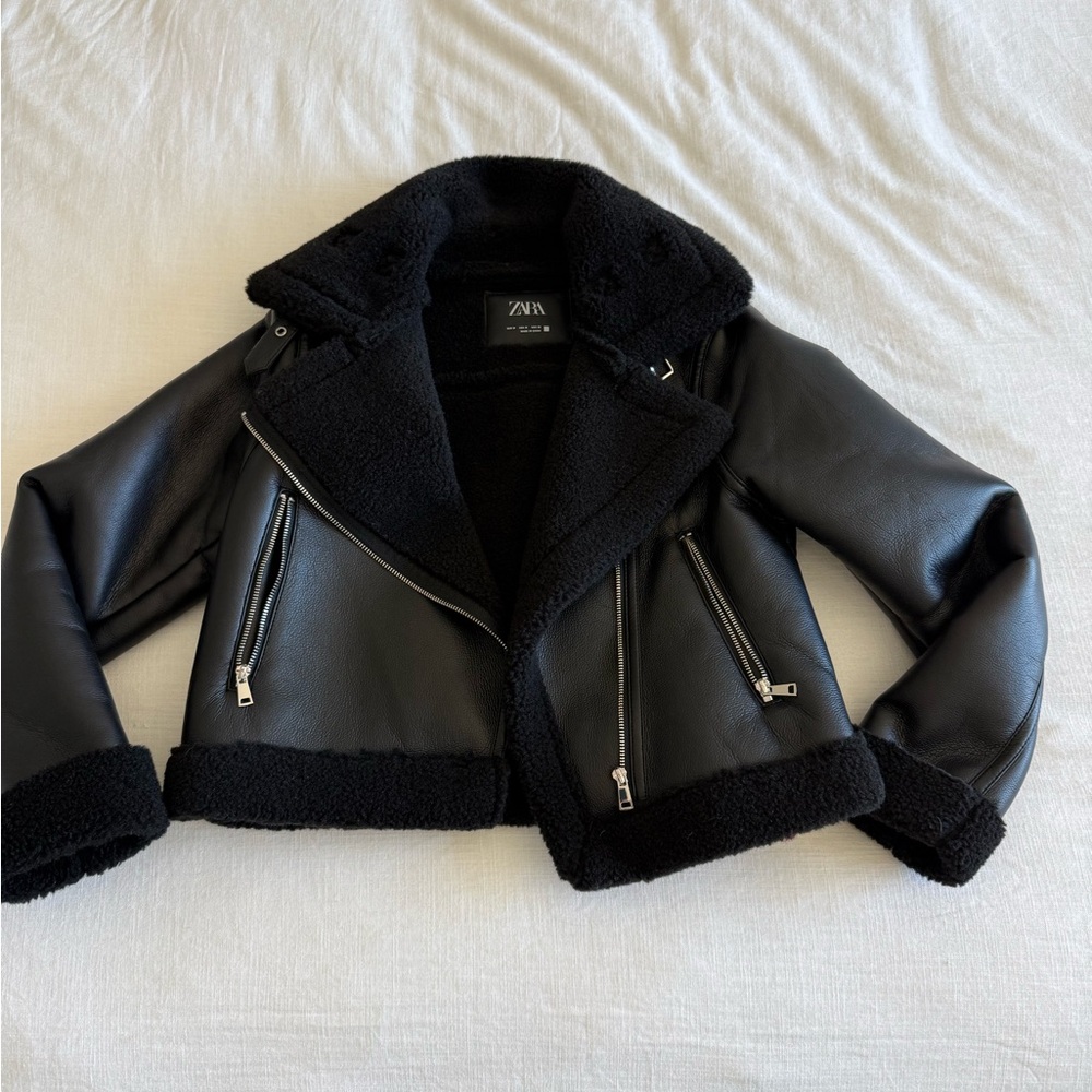 Zara Women's Black leather aviator jacket